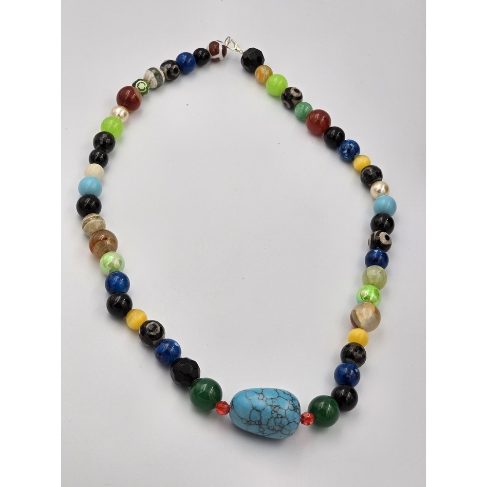 Colorful Multi Gem Stone Beaded Necklace Turquoise Style Center Bead - Picture 2 of 12